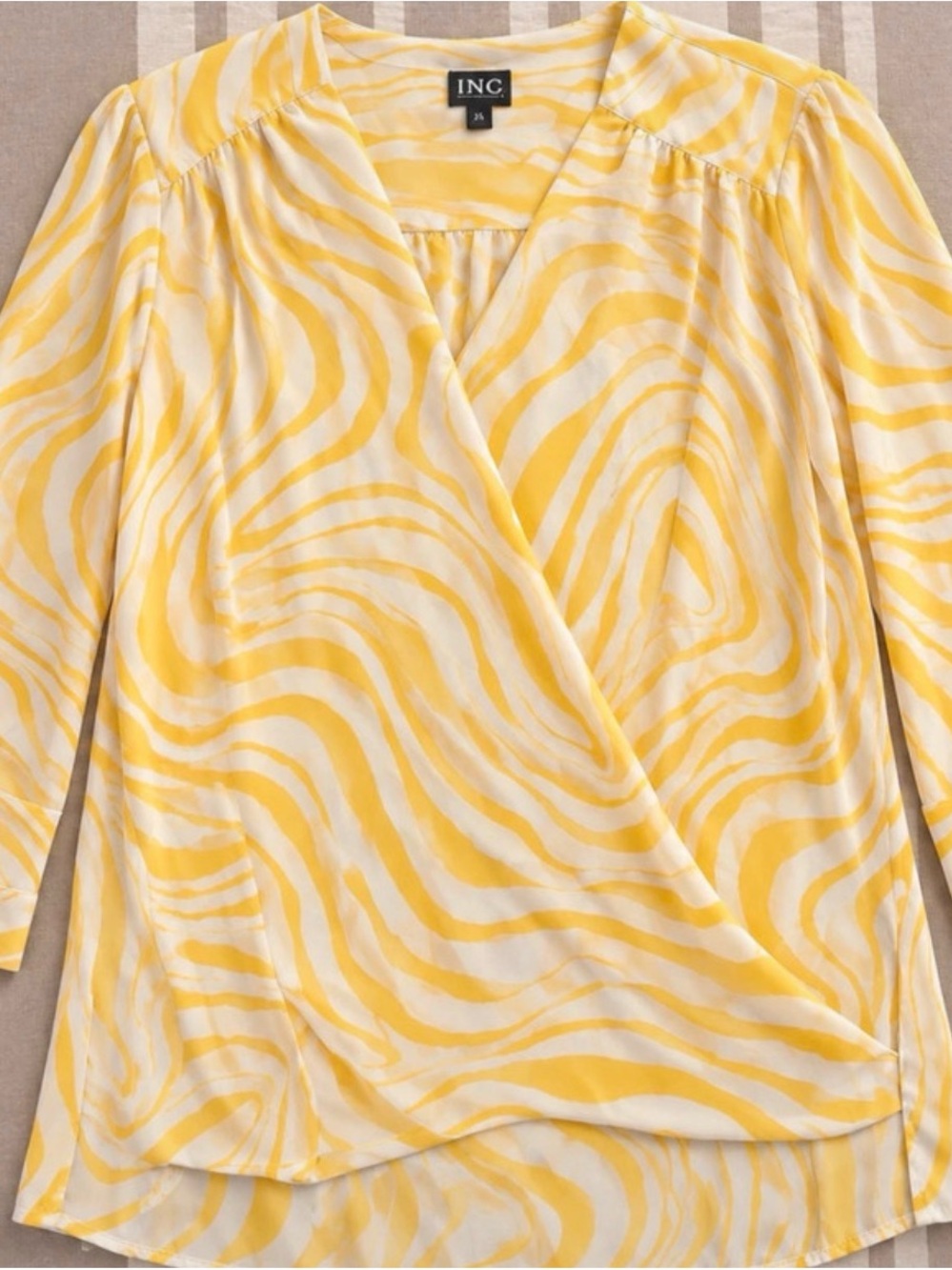 INC International Concepts Yellow and Cream Swirl Wrap-Front Blouse
